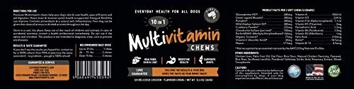 10 in 1 Multivitamin Chew Treats for Dogs. 20 Healthy Actives: Glucosamine, Chondroitin & Turmeric for Joint Support, Omega Fish Oil for Skin, Pumpkin & Cranberry for Gut & Immune Health.120ct 