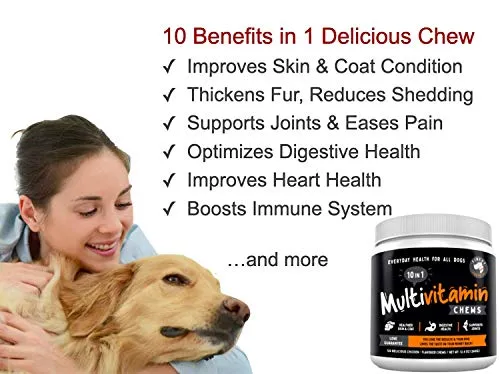 10 in 1 Multivitamin Chew Treats for Dogs. 20 Healthy Actives: Glucosamine, Chondroitin & Turmeric for Joint Support, Omega Fish Oil for Skin, Pumpkin & Cranberry for Gut & Immune Health.120ct 