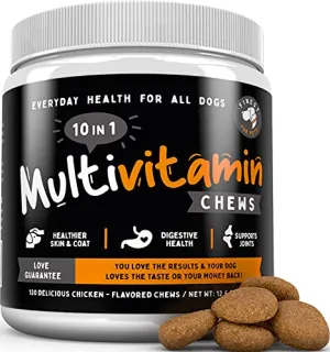 10 in 1 Multivitamin Chew Treats for Dogs. 20 Healthy Actives: Glucosamine, Chondroitin & Turmeric for Joint Support, Omega Fish Oil for Skin, Pumpkin & Cranberry for Gut & Immune Health.120ct 