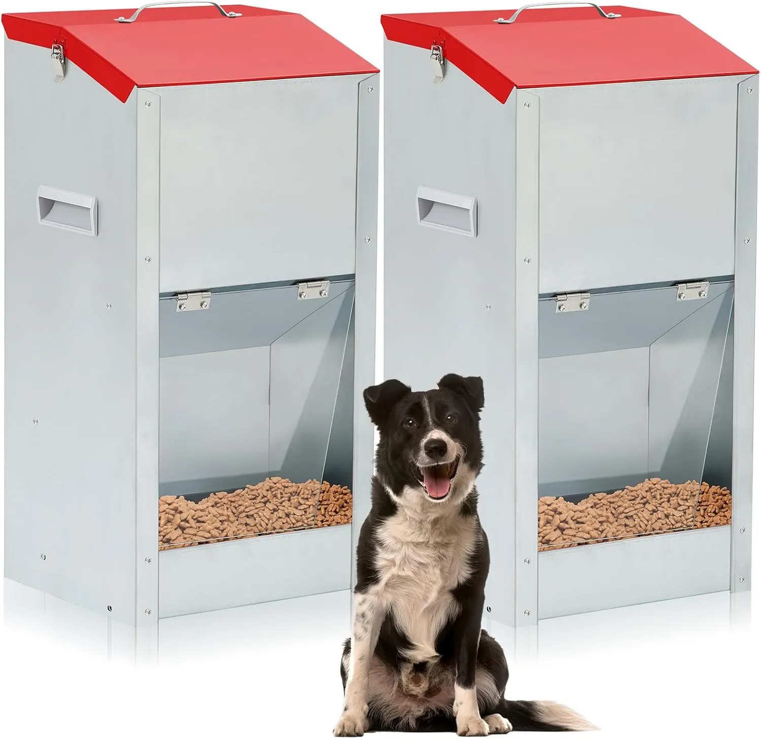 2 Pcs Large Automatic Dog Feeders with Handle Acrylic Panel Galvanized Gravity Feeder Outdoor Hanging for Doggie Breed Dog Food Dispenser Container (25 Lbs)