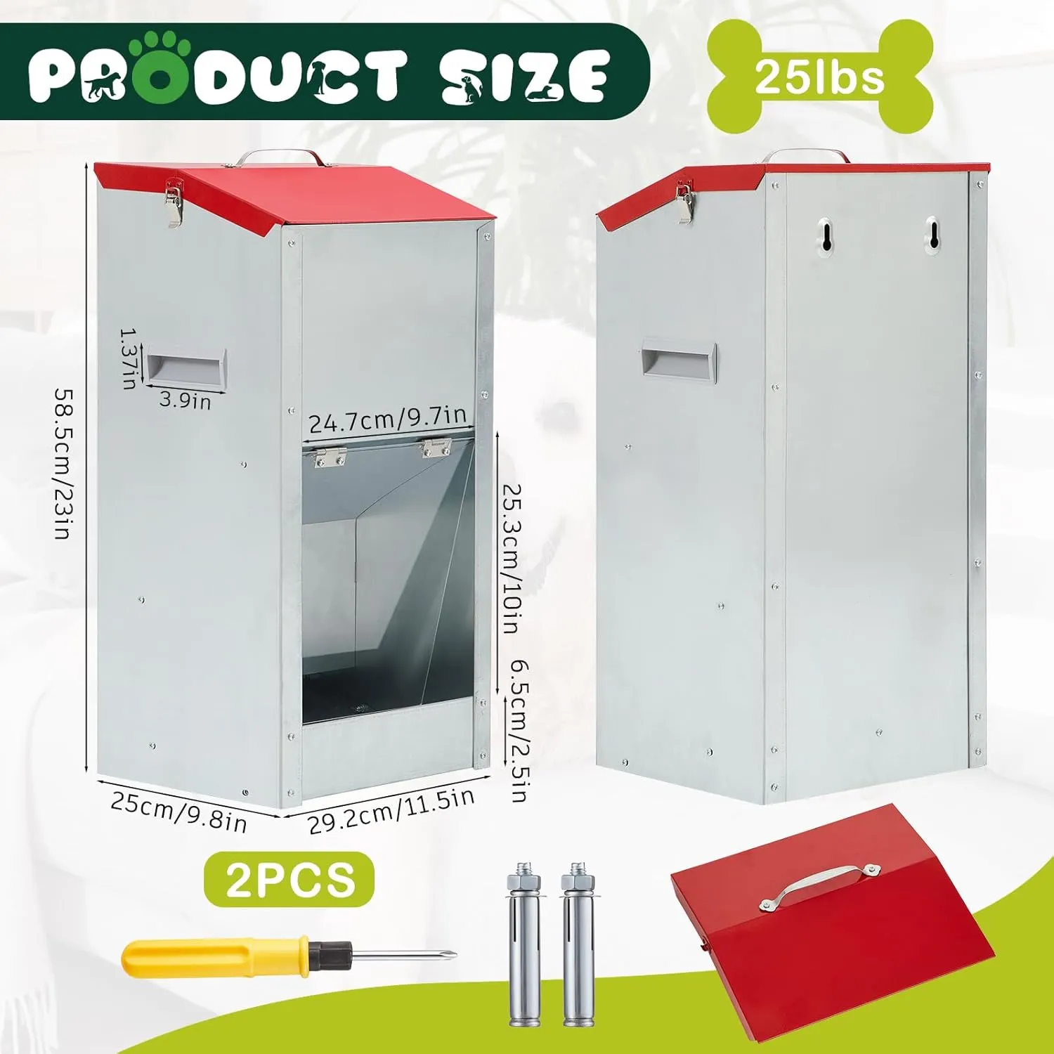 2 Pcs Large Automatic Dog Feeders with Handle Acrylic Panel Galvanized Gravity Feeder Outdoor Hanging for Doggie Breed Dog Food Dispenser Container (25 Lbs)