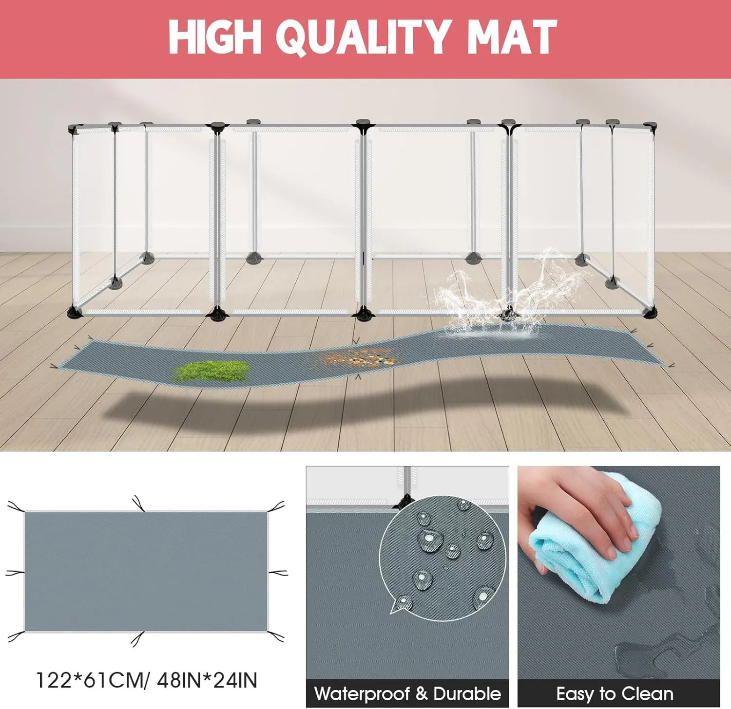 20 Panels Small Animals Playpen, Transparent Pet Playpen with Waterproof Mat,Portable Plastic Enclosure Cage for Baby Chicken, Guinea Pigs, Bunny, Ferrets, Hamsters, Hedgehogs for Indoors Outdoor
