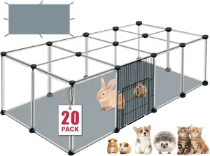 20 Panels Small Animals Playpen, Transparent Pet Playpen with Waterproof Mat,Portable Plastic Enclosure Cage for Baby Chicken, Guinea Pigs, Bunny, Ferrets, Hamsters, Hedgehogs for Indoors Outdoor