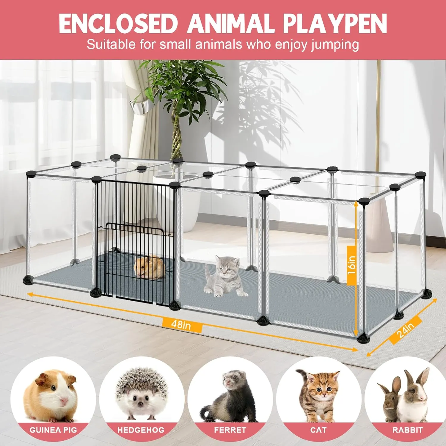 20 Panels Small Animals Playpen, Transparent Pet Playpen with Waterproof Mat,Portable Plastic Enclosure Cage for Baby Chicken, Guinea Pigs, Bunny, Ferrets, Hamsters, Hedgehogs for Indoors Outdoor