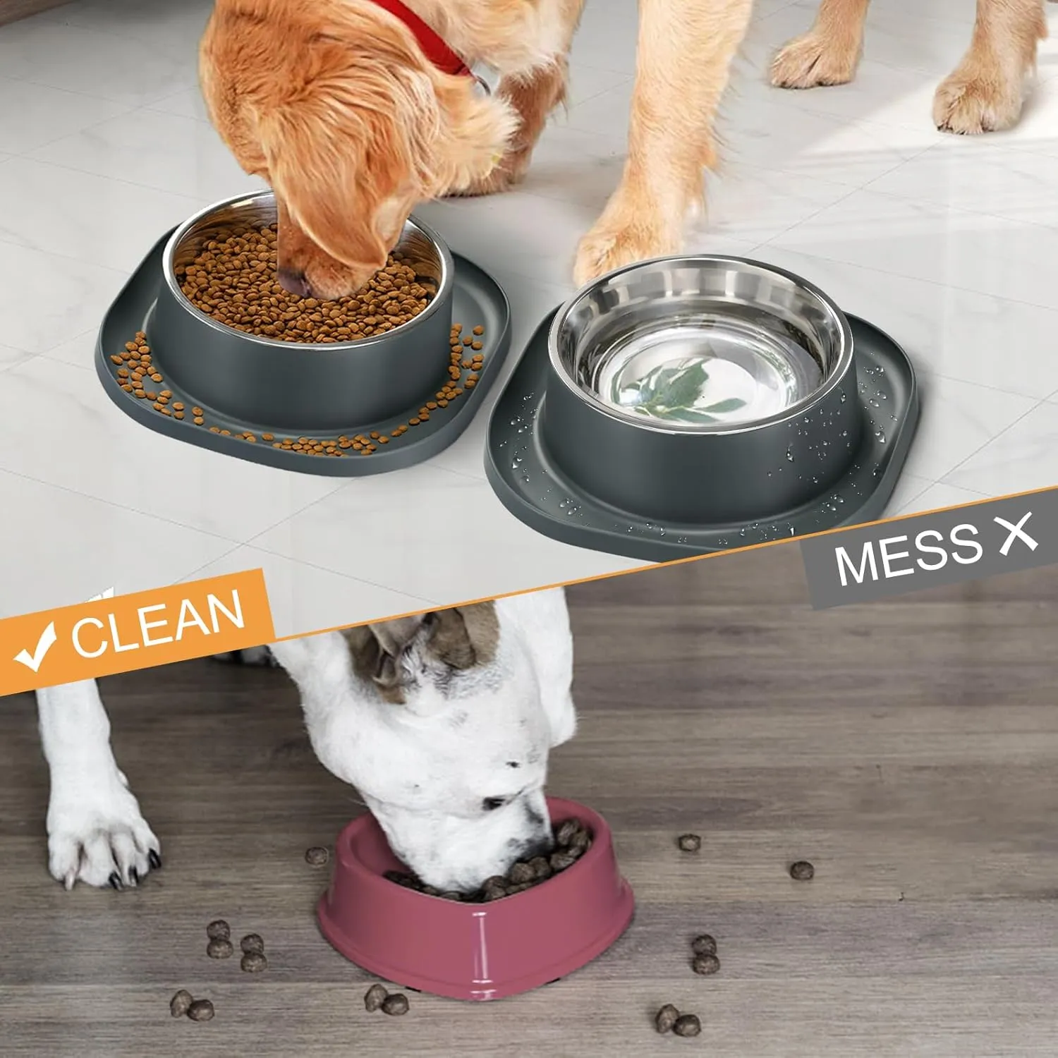 2PACK Large Stainless Steel Dog Bowls, 7 Cup Water & Food Bowl with Anti-Skid Rubber Base for Large Pet, Metal Bowl Spill Proof Dog Dish with Silicone Feeding Mat for Dry and Wet Foods, Grey