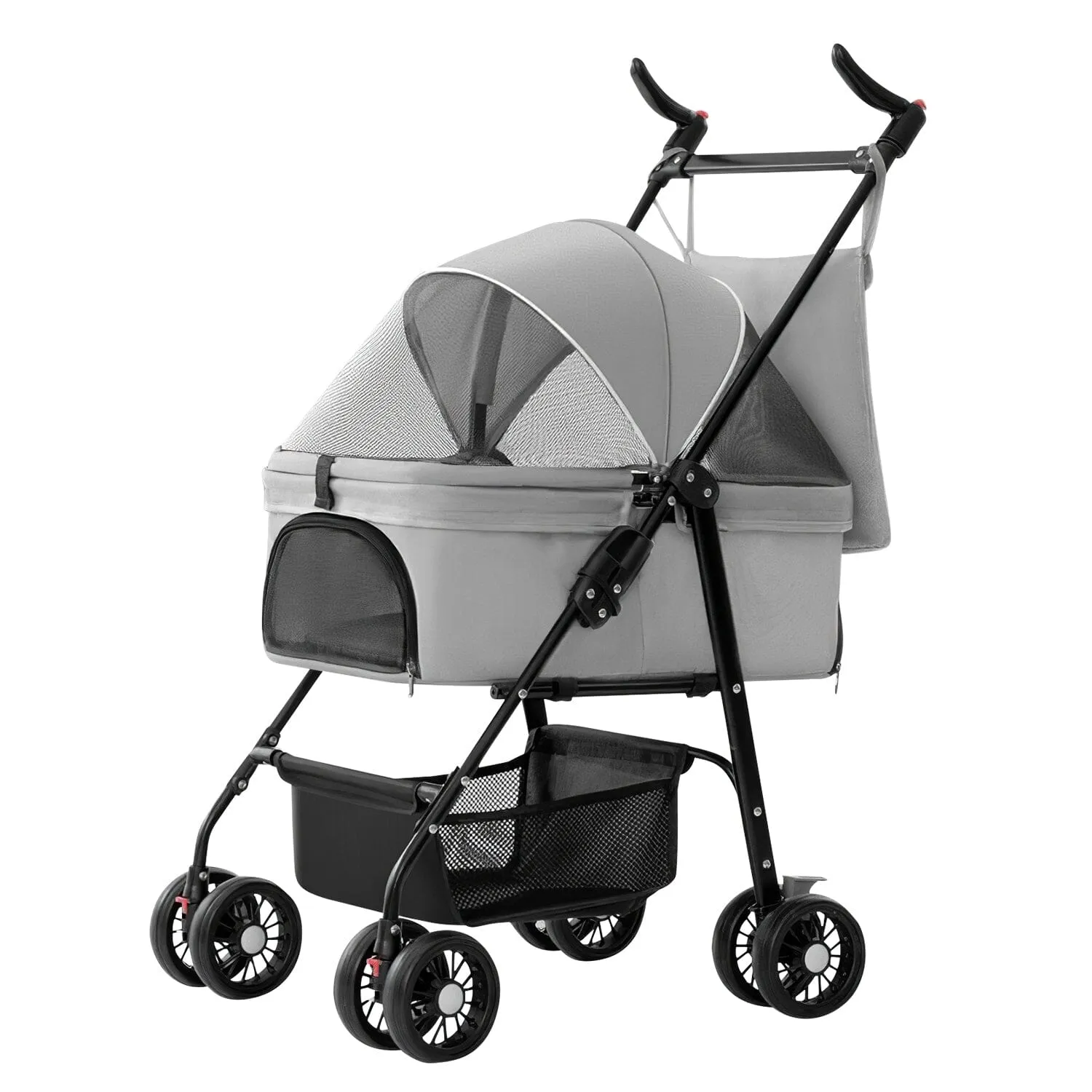4 Wheels Pet Stroller Foldable with Removable Liner Storage Basket