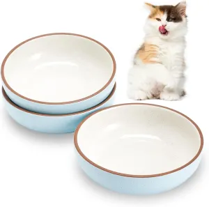5.3 in Ceramic Cat Dishes - Shallow Food Bowls for Small Pets, 3 Pack for Food and Water - Blue