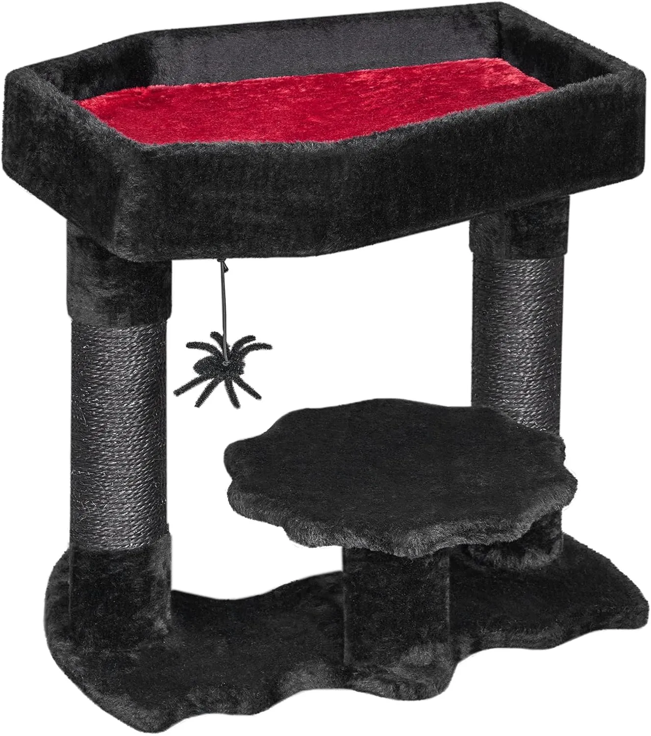 BEWISHOME Gothic Cat Tree with Coffin Bed, Goth Cat Tower for Indoor Cats with Sisal Scratching Posts, Spider Toy, Spooky Coffin Cat Tree for Black Cats Halloween, Black with Red, Small Size MMJ91R