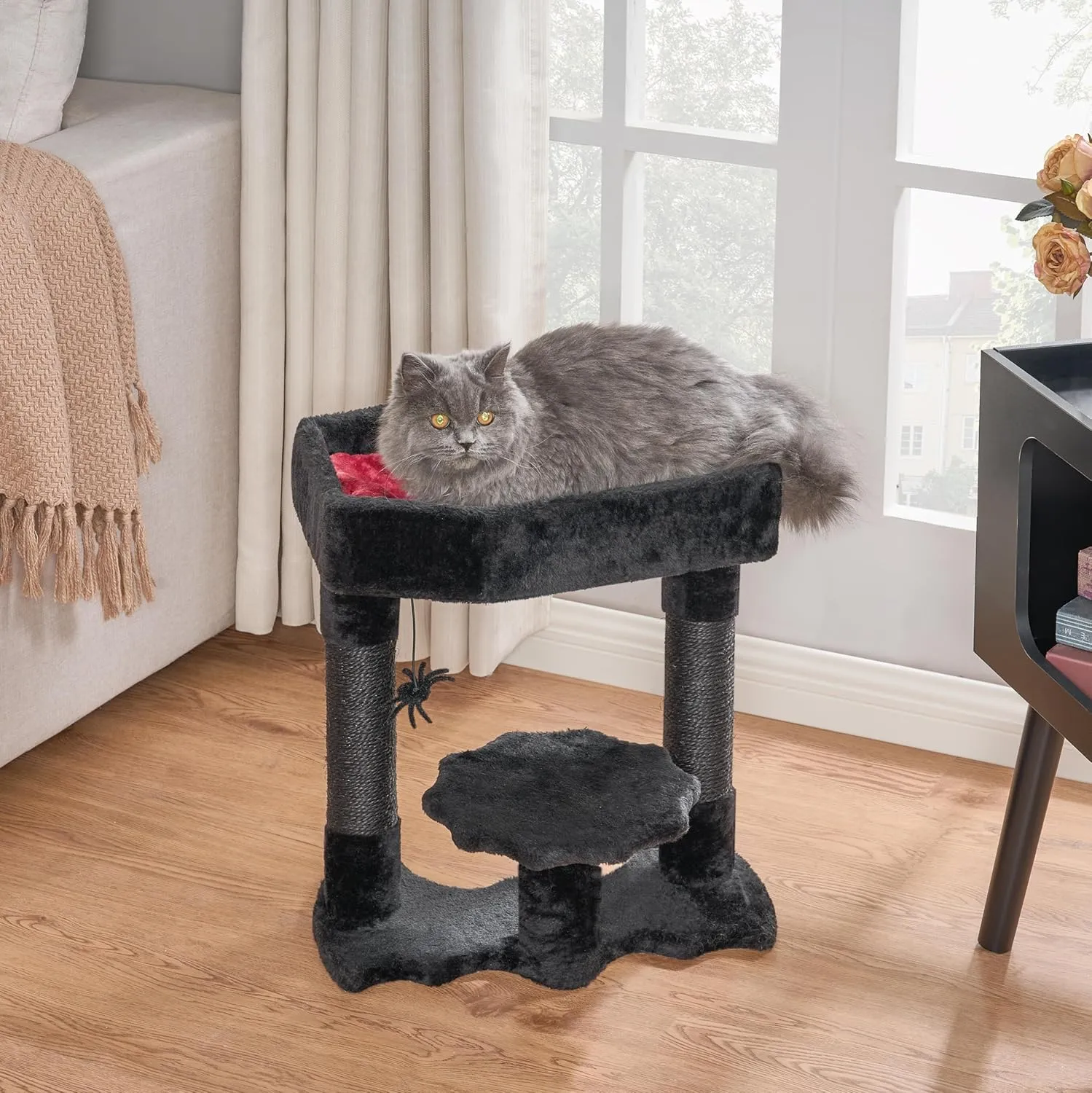 BEWISHOME Gothic Cat Tree with Coffin Bed, Goth Cat Tower for Indoor Cats with Sisal Scratching Posts, Spider Toy, Spooky Coffin Cat Tree for Black Cats Halloween, Black with Red, Small Size MMJ91R