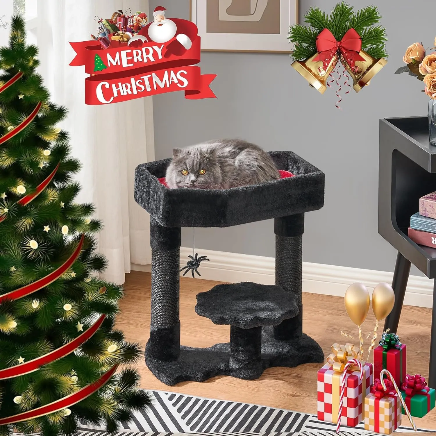 BEWISHOME Gothic Cat Tree with Coffin Bed, Goth Cat Tower for Indoor Cats with Sisal Scratching Posts, Spider Toy, Spooky Coffin Cat Tree for Black Cats Halloween, Black with Red, Small Size MMJ91R