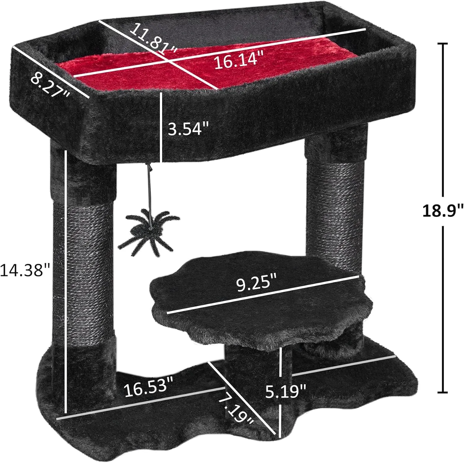 BEWISHOME Gothic Cat Tree with Coffin Bed, Goth Cat Tower for Indoor Cats with Sisal Scratching Posts, Spider Toy, Spooky Coffin Cat Tree for Black Cats Halloween, Black with Red, Small Size MMJ91R