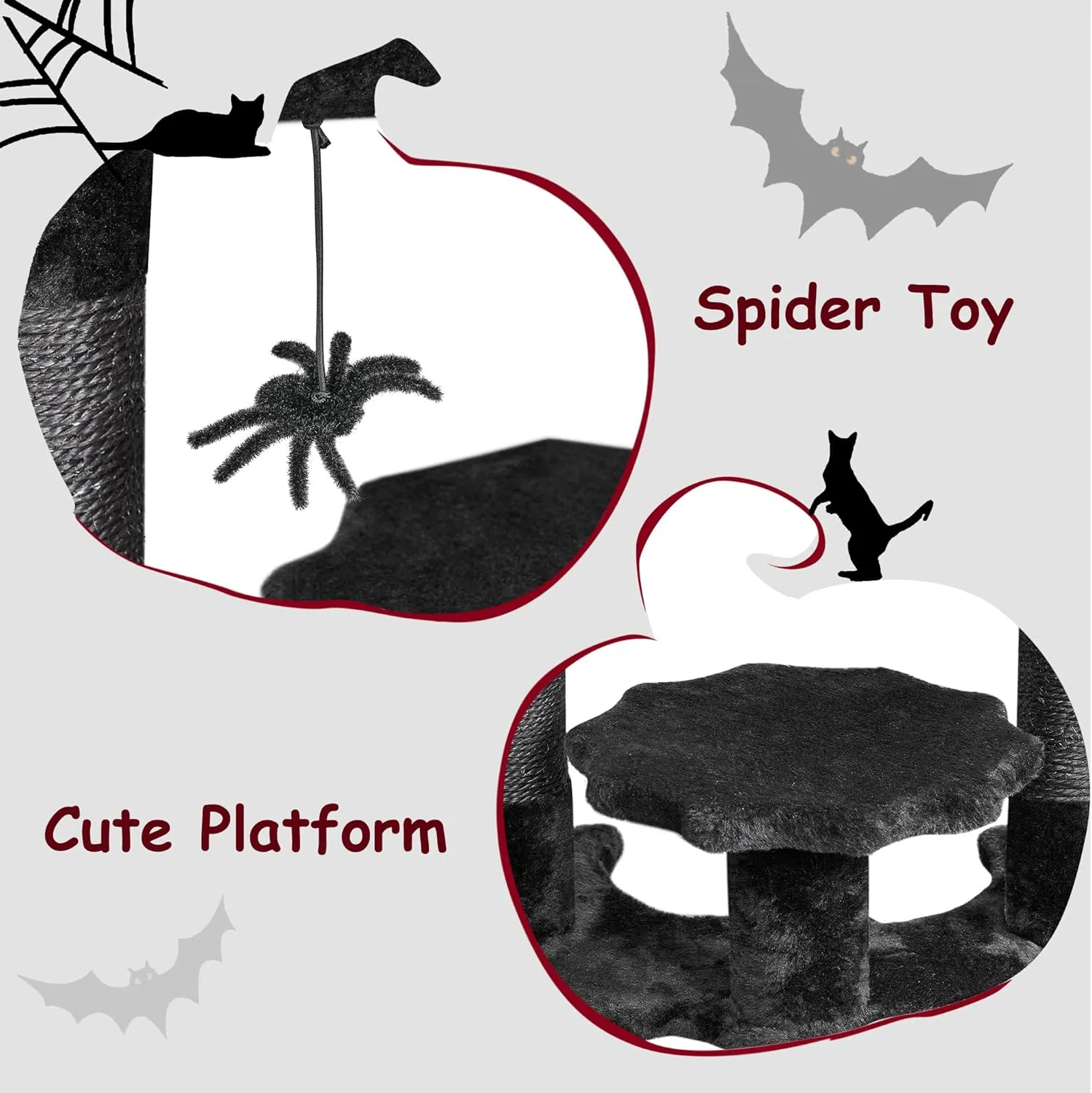 BEWISHOME Gothic Cat Tree with Coffin Bed, Goth Cat Tower for Indoor Cats with Sisal Scratching Posts, Spider Toy, Spooky Coffin Cat Tree for Black Cats Halloween, Black with Red, Small Size MMJ91R