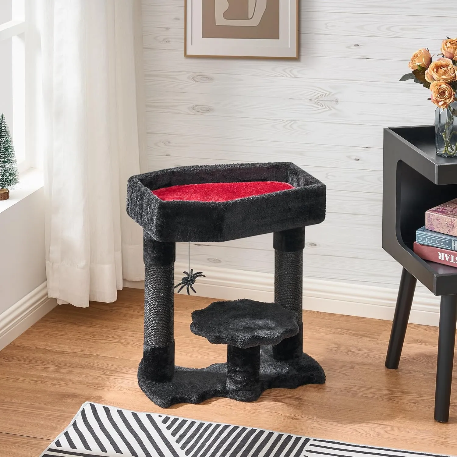 BEWISHOME Gothic Cat Tree with Coffin Bed, Goth Cat Tower for Indoor Cats with Sisal Scratching Posts, Spider Toy, Spooky Coffin Cat Tree for Black Cats Halloween, Black with Red, Small Size MMJ91R