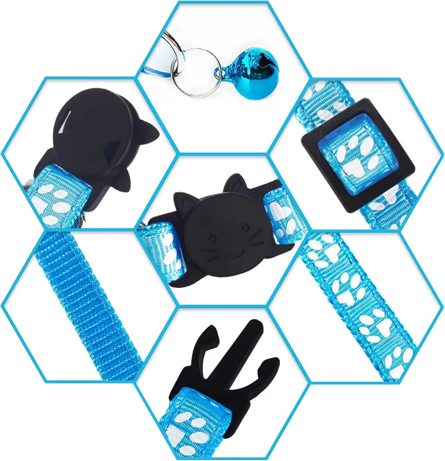 Breakaway Reflective Nylon Cat Collars with Bell - 2 Black   2 Sky Blue