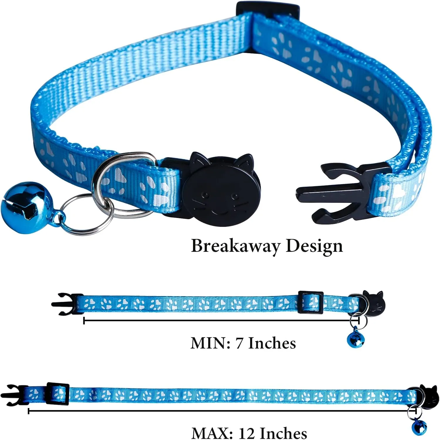 Breakaway Reflective Nylon Cat Collars with Bell - 2 Black   2 Sky Blue