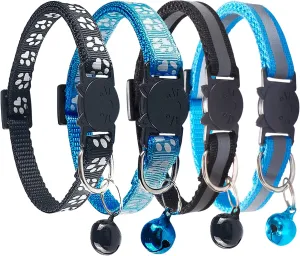 Breakaway Reflective Nylon Cat Collars with Bell - 2 Black   2 Sky Blue