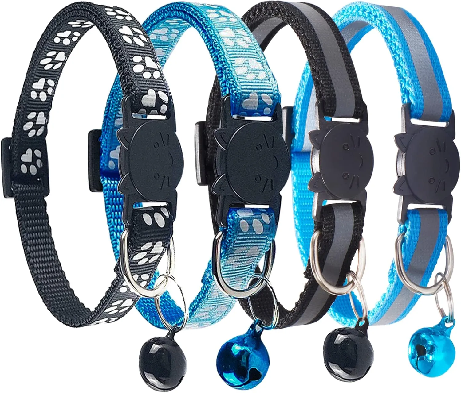 Breakaway Reflective Nylon Cat Collars with Bell - 2 Black   2 Sky Blue