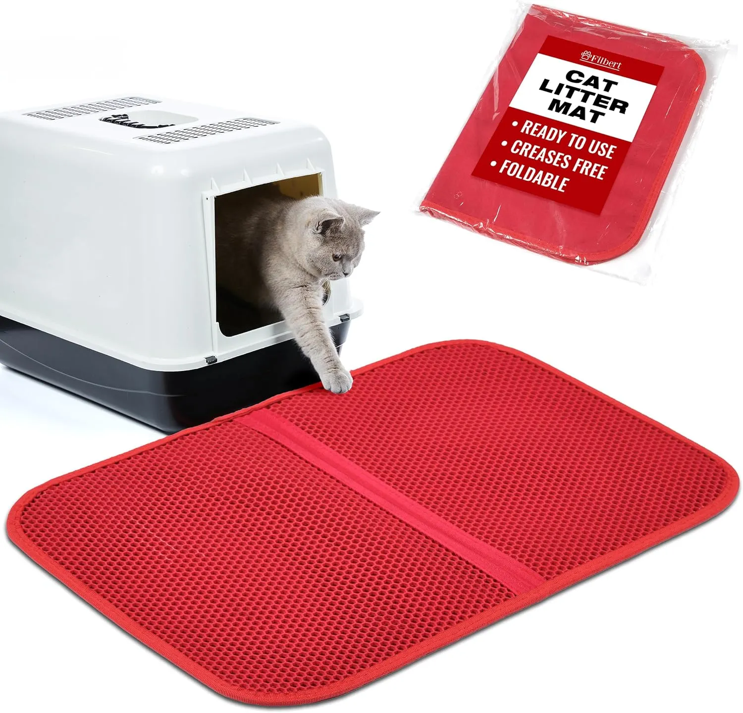 Cat Litter Mat, Foldable Cat Litter Mat, 23.6"x 14.8", Honeycomb Design, Skid-Proof, Water-Proof, Double Layer, Easy to Clean, Less Waste, Red
