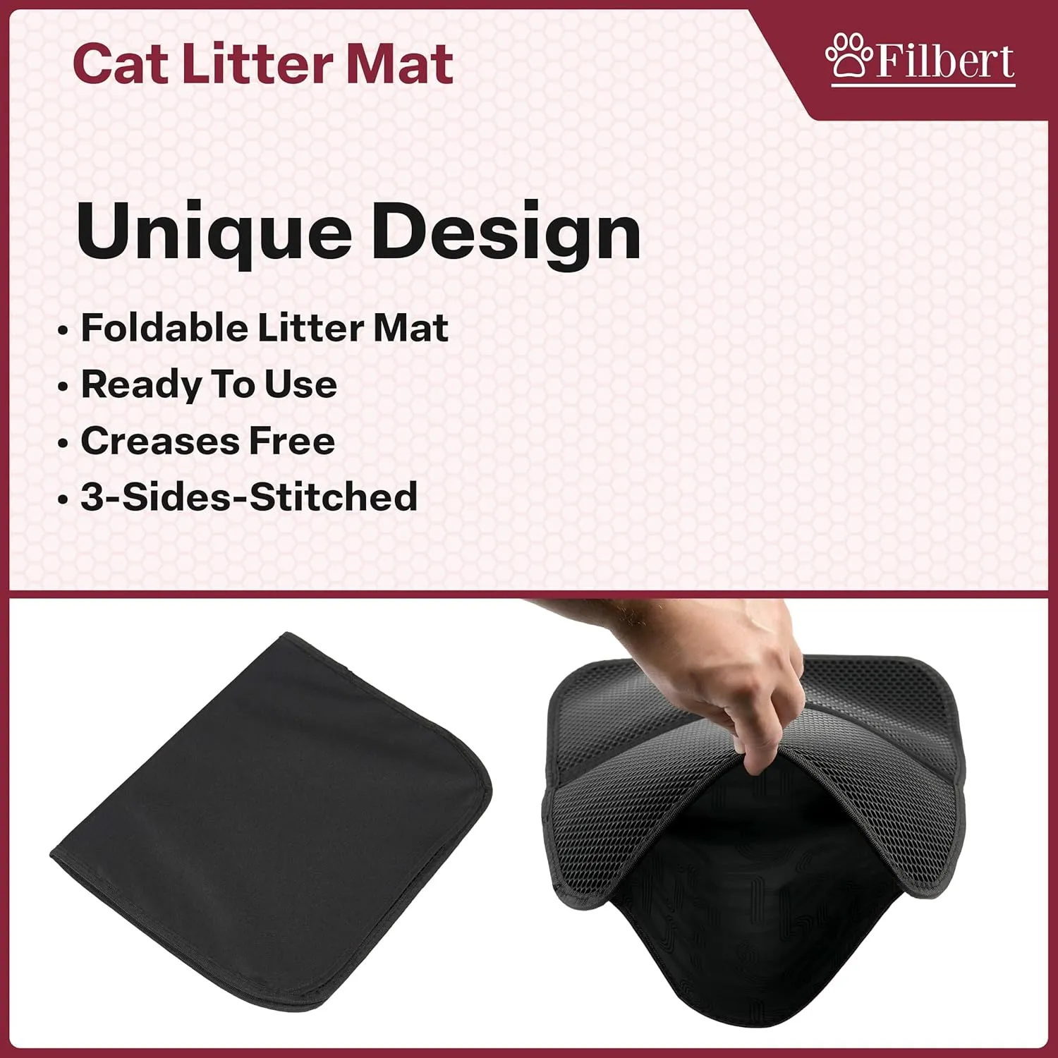 Cat Litter Mat, Foldable Cat Litter Mat, 23.6"x 14.8", Honeycomb Design, Skid-Proof, Water-Proof, Double Layer, Easy to Clean, Less Waste, Red