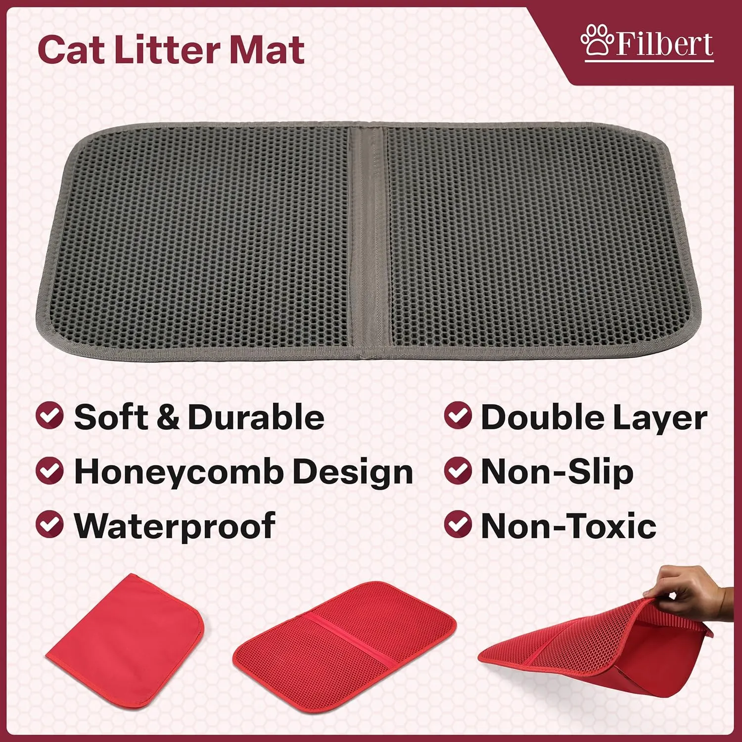 Cat Litter Mat, Foldable Cat Litter Mat, 23.6"x 14.8", Honeycomb Design, Skid-Proof, Water-Proof, Double Layer, Easy to Clean, Less Waste, Red