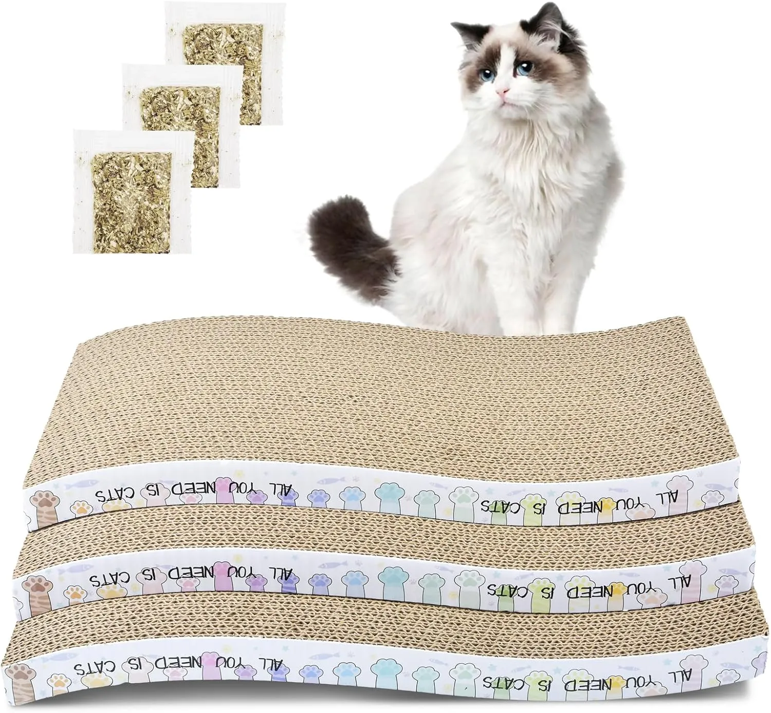 Cat Scratching Board 3 Pack Cat Scratching Pad with Catnip Double-Sided Pad with Premium Scratch Textures Design Curved Cat Scratchers for Indoor Cats to Rest Grind Claws and Play