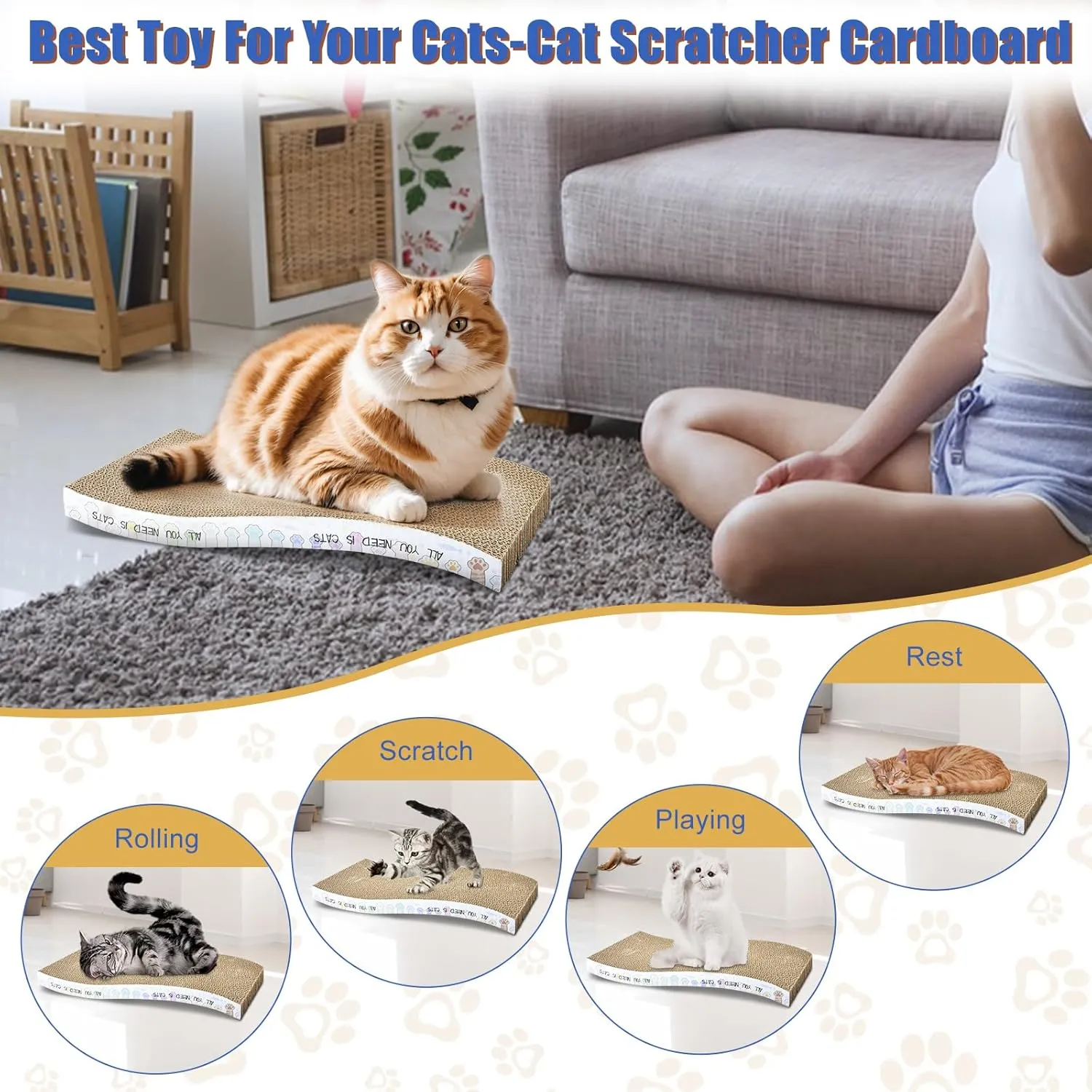 Cat Scratching Board 3 Pack Cat Scratching Pad with Catnip Double-Sided Pad with Premium Scratch Textures Design Curved Cat Scratchers for Indoor Cats to Rest Grind Claws and Play