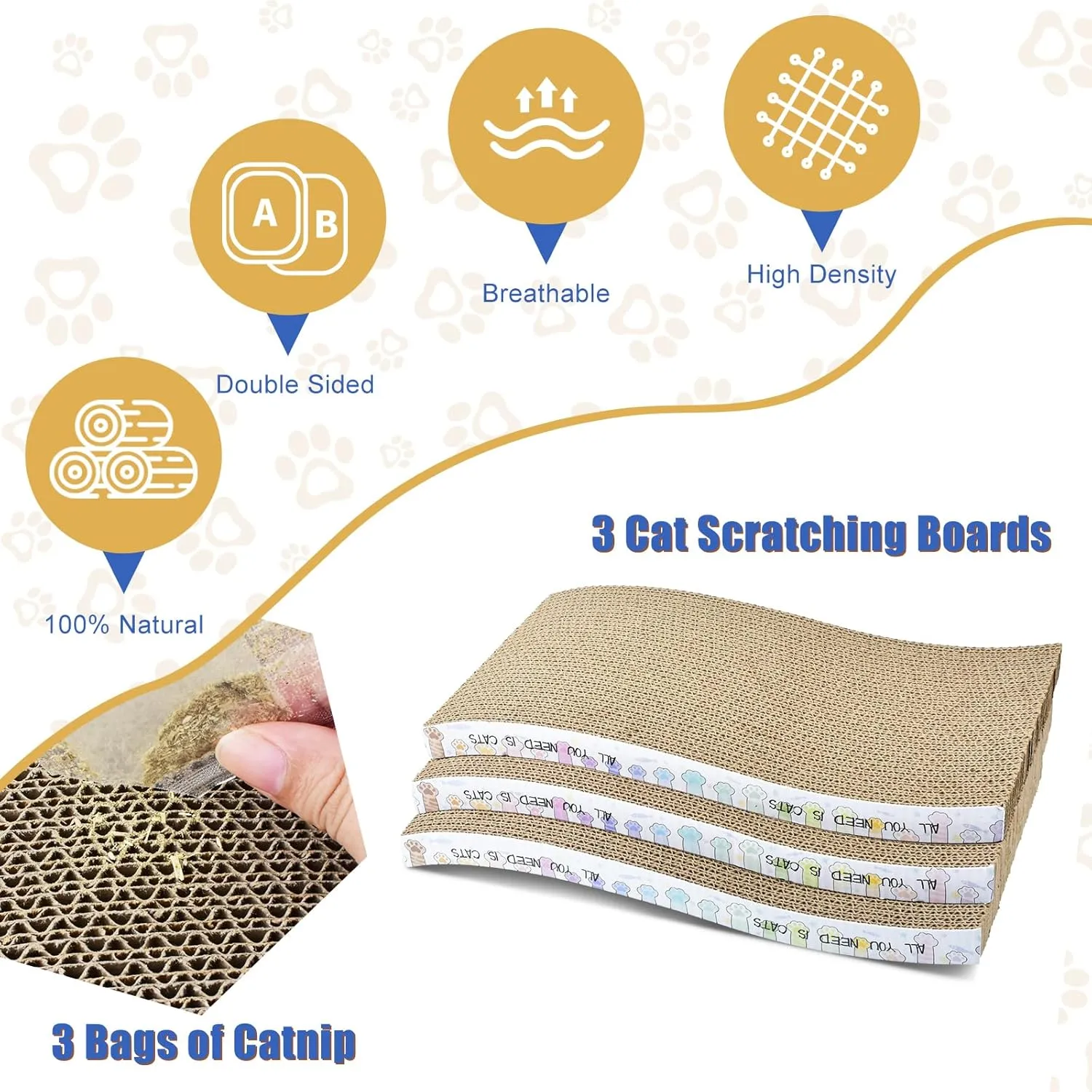 Cat Scratching Board 3 Pack Cat Scratching Pad with Catnip Double-Sided Pad with Premium Scratch Textures Design Curved Cat Scratchers for Indoor Cats to Rest Grind Claws and Play