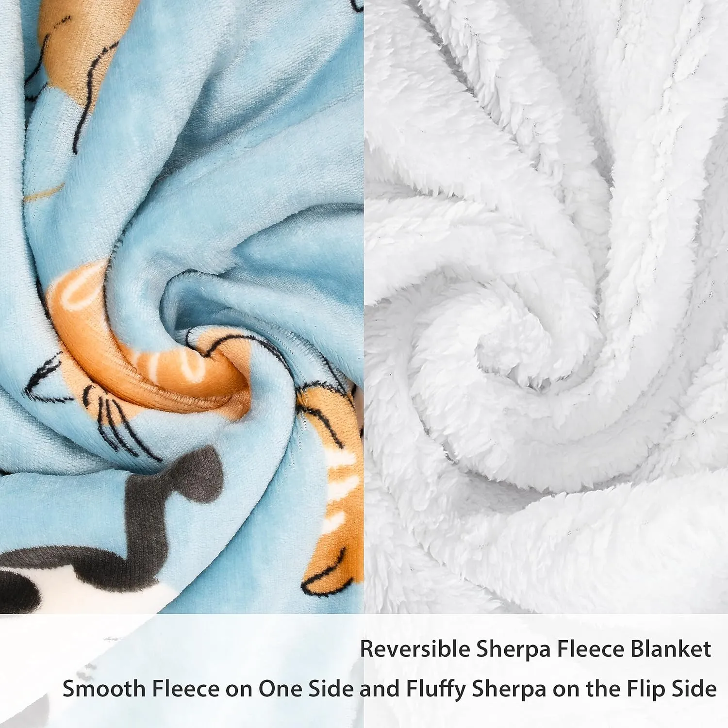 Catalonia Cat Print Sherpa Fleece Throw Blanket, Soft Mink Plush Couch Blanket, Fuzzy Fluffy Comfy Warm Throws, Comfort Caring Gift, 50x60 inches, Baby Blue