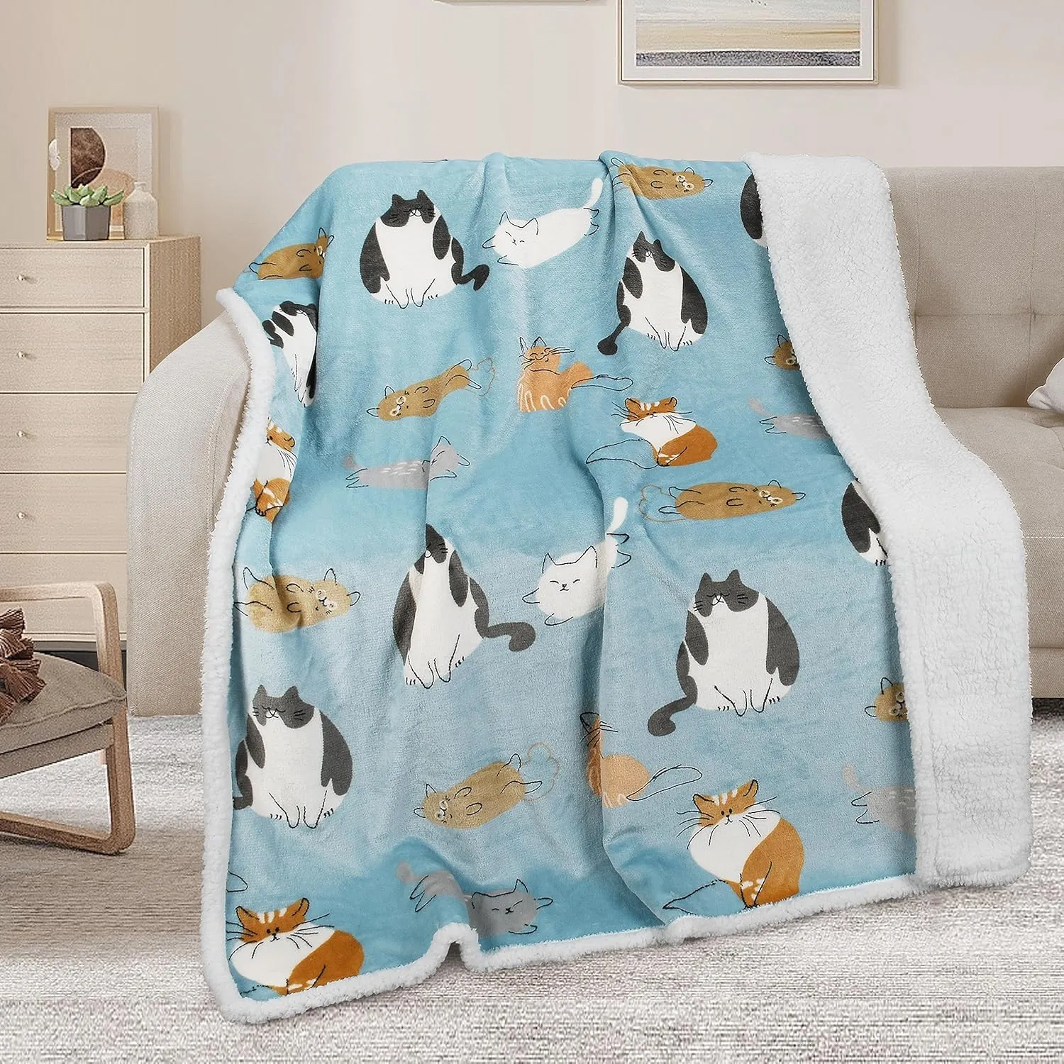 Catalonia Cat Print Sherpa Fleece Throw Blanket, Soft Mink Plush Couch Blanket, Fuzzy Fluffy Comfy Warm Throws, Comfort Caring Gift, 50x60 inches, Baby Blue