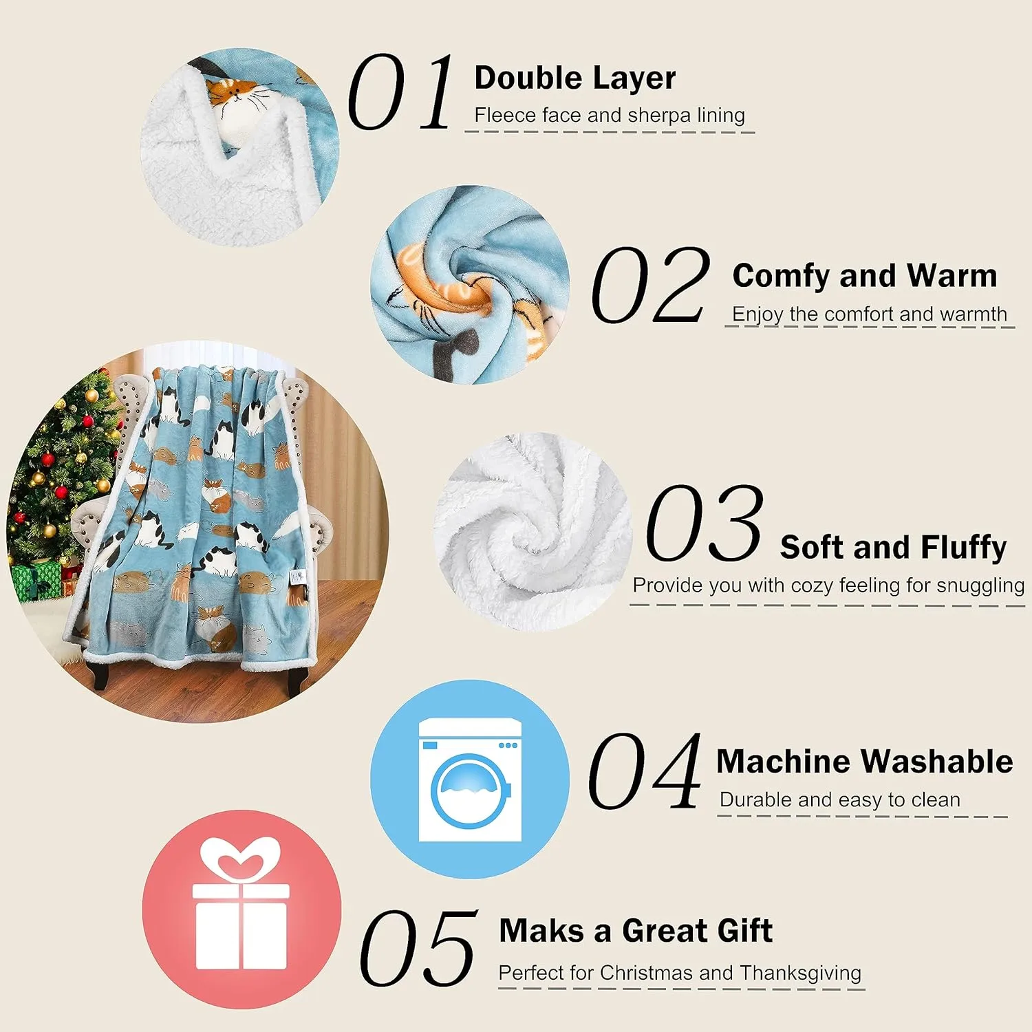 Catalonia Cat Print Sherpa Fleece Throw Blanket, Soft Mink Plush Couch Blanket, Fuzzy Fluffy Comfy Warm Throws, Comfort Caring Gift, 50x60 inches, Baby Blue