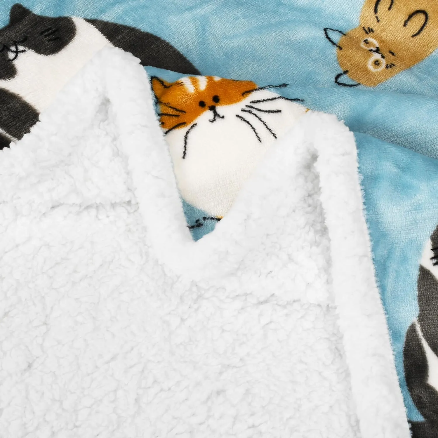 Catalonia Cat Print Sherpa Fleece Throw Blanket, Soft Mink Plush Couch Blanket, Fuzzy Fluffy Comfy Warm Throws, Comfort Caring Gift, 50x60 inches, Baby Blue