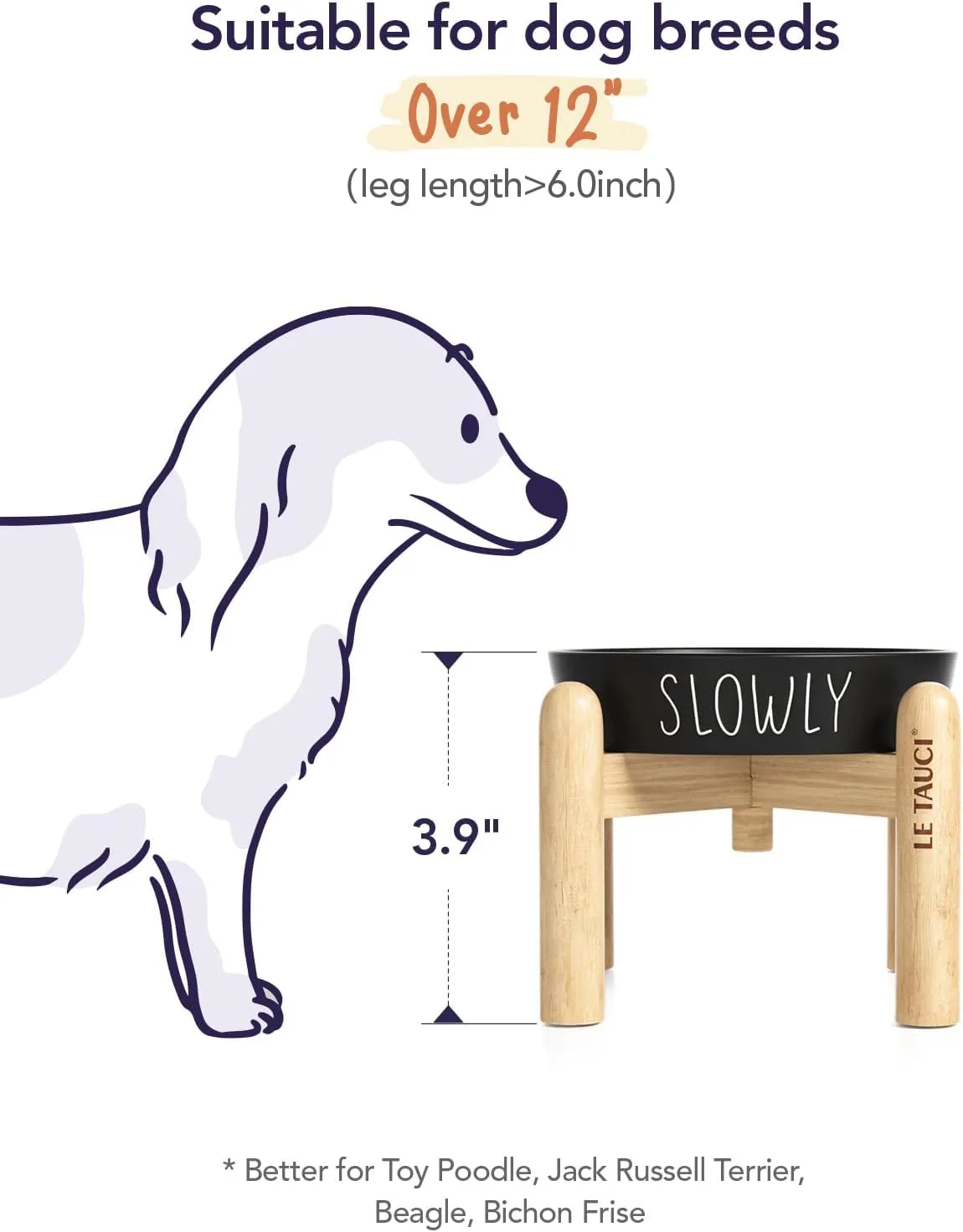Ceramic Elevated Dog Bowl, 0.6 Cups Raised Dog Dish with Wooden Stand for Small Breeds, Slow Feeder to Prevent Bloat, Black
