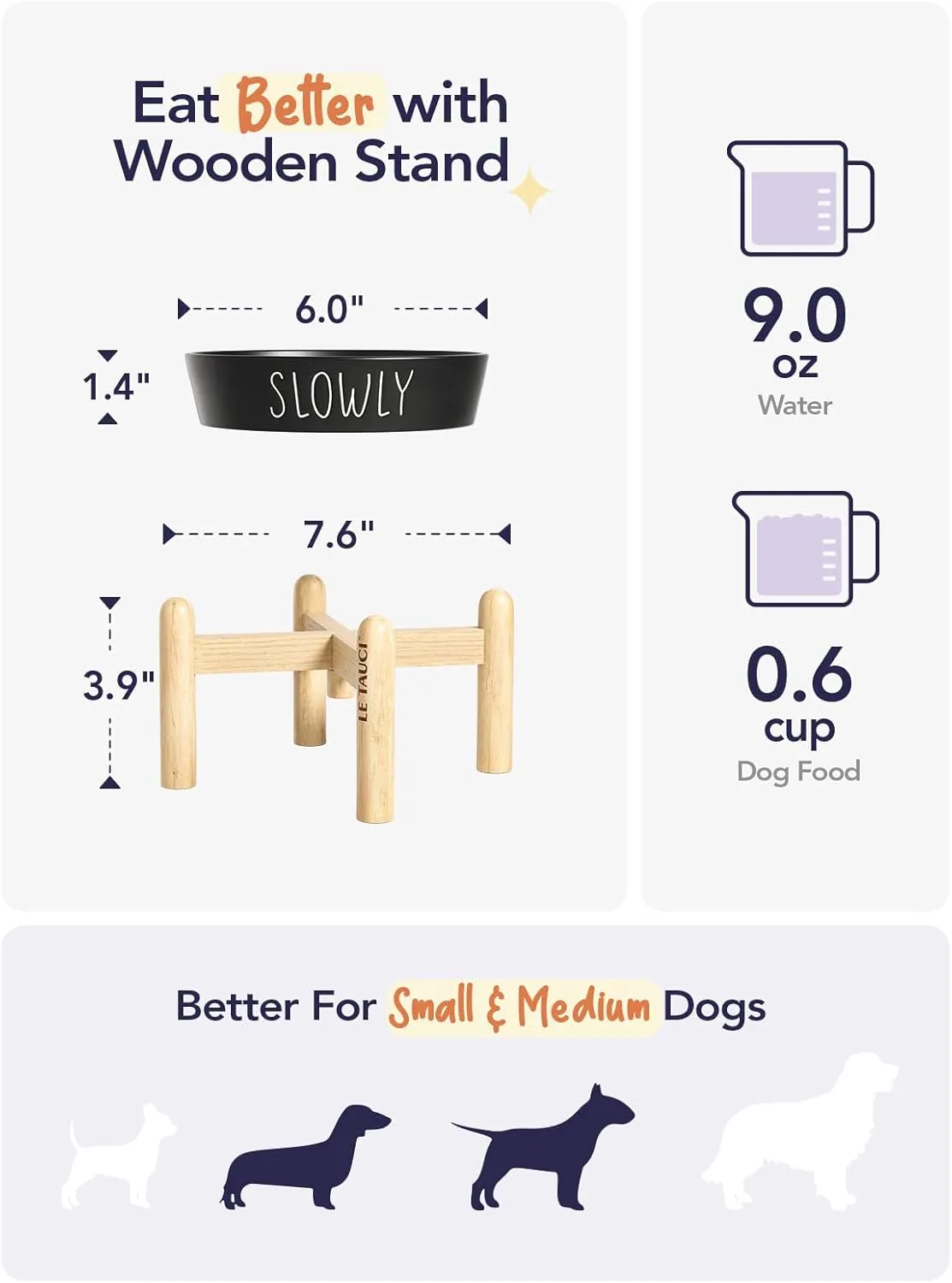 Ceramic Elevated Dog Bowl, 0.6 Cups Raised Dog Dish with Wooden Stand for Small Breeds, Slow Feeder to Prevent Bloat, Black