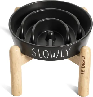 Ceramic Elevated Dog Bowl, 0.6 Cups Raised Dog Dish with Wooden Stand for Small Breeds, Slow Feeder to Prevent Bloat, Black