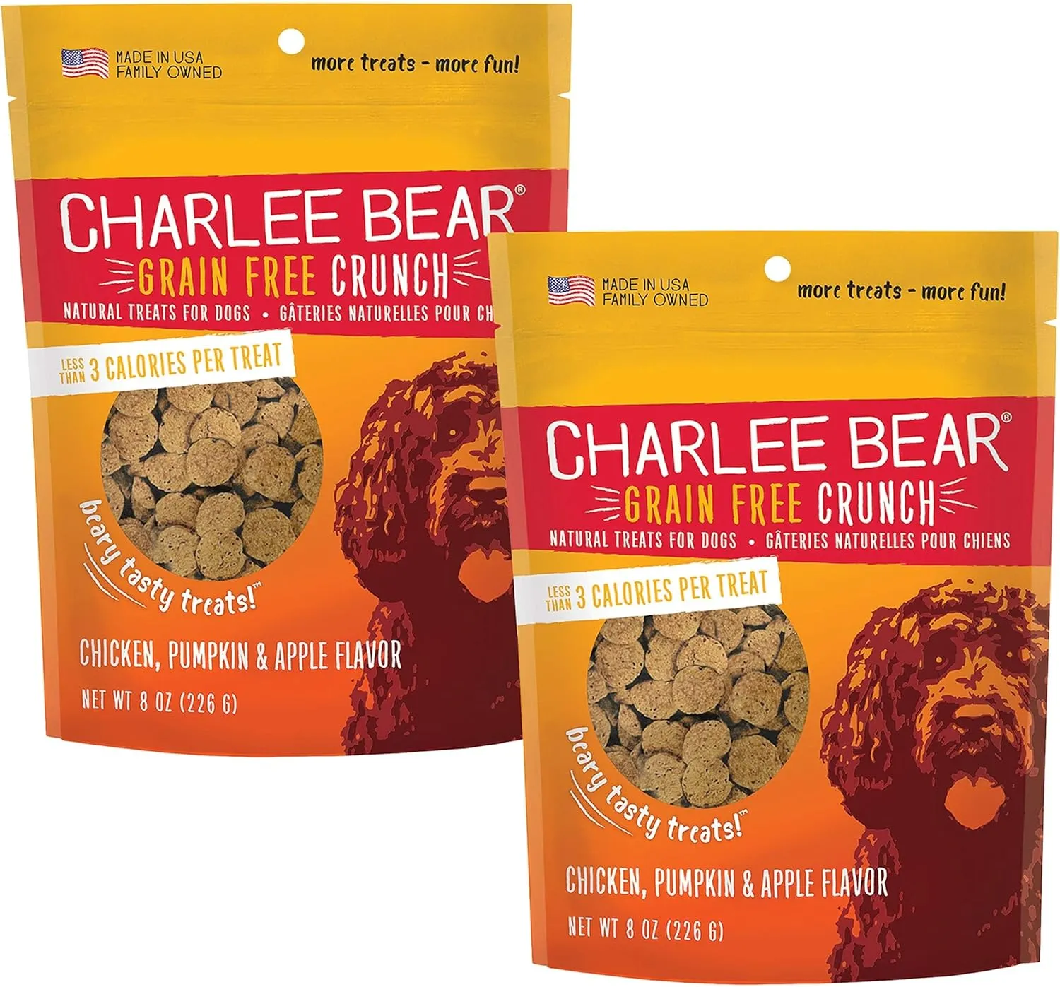Charlee Bear Dog Training Treats for Small, Medium & Large Breeds, Crunchy Low Calorie Grain Free Dog Treats, USA Made, Chicken, Pumpkin & Apple, 2 Pack, 8oz Each