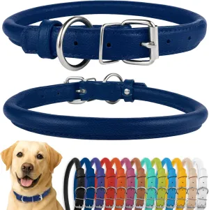 CollarDirect Rolled Leather Dog Collar, Soft Padded Round Puppy Collar, Handmade Genuine Leather Collar Dog Small Large Cat Collars 13 Colors (15-19 Inch, Deep Blue Textured)