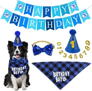 Dog Party Supplies, Boy Bandana With Hat Bow Tie Number, Cute Scarf and Happy Birthday Banner Set for Large Medium Small Dogs Pet (Blue)