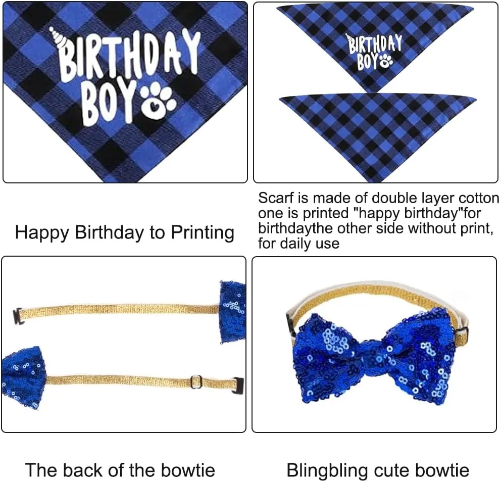 Dog Party Supplies, Boy Bandana With Hat Bow Tie Number, Cute Scarf and Happy Birthday Banner Set for Large Medium Small Dogs Pet (Blue)