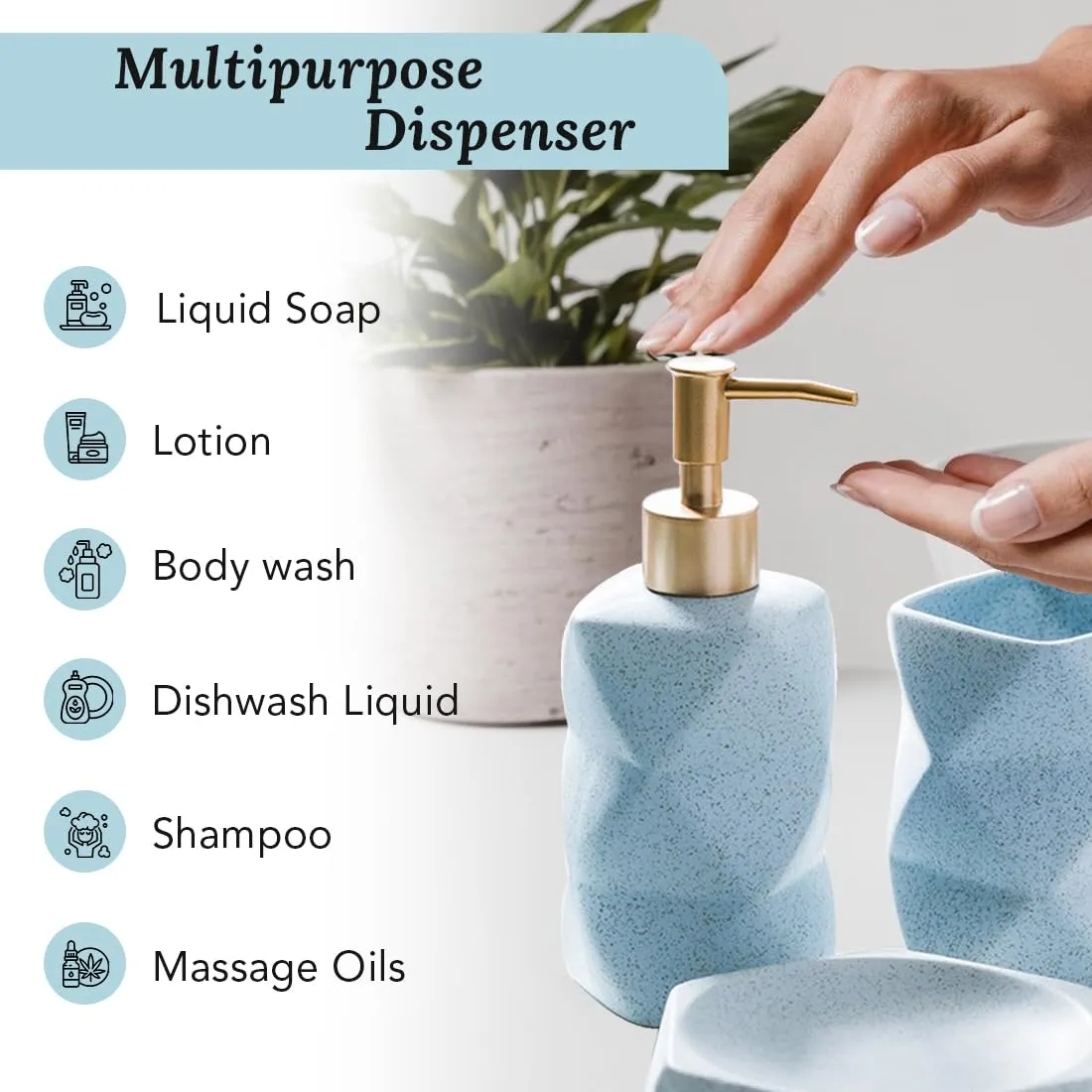 Ekhasa Ceramic Bathroom Accessories Set of 4 | includes Ceramic Liquid Handwash Soap Dispenser, Toothbrush Holder for Wash Basin, Soap Dish, Tumbler | Soap Dispenser Set for Bathroom | Gift for Home