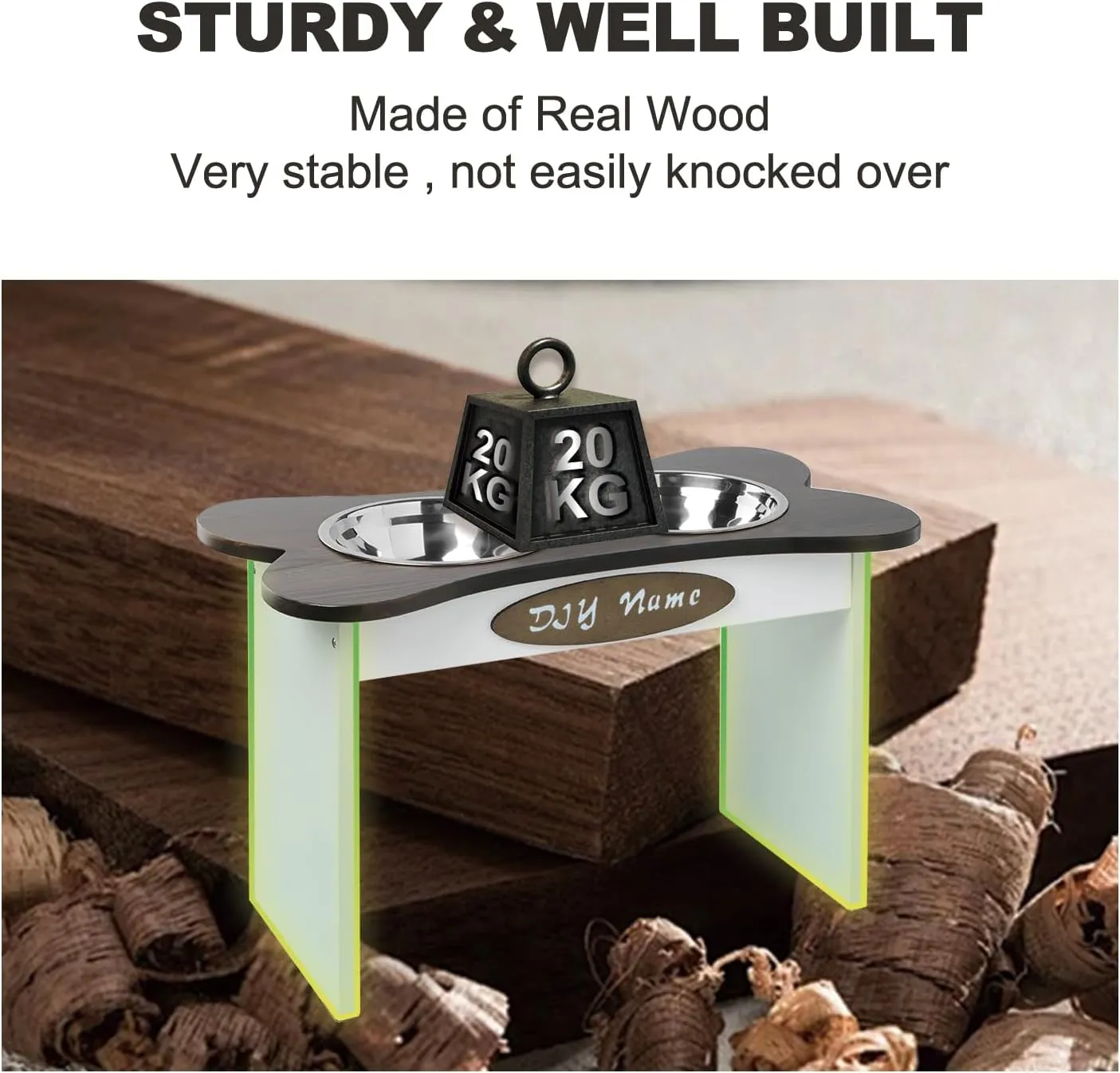 Elevated Dog Bowls for Large Dogs, DIY Dog Name Farmhouse Medium Stand, Wood Raised Stand with 2 Stainless Steel Bowls, Food Bowl with Anti-Slip Feet Feeder