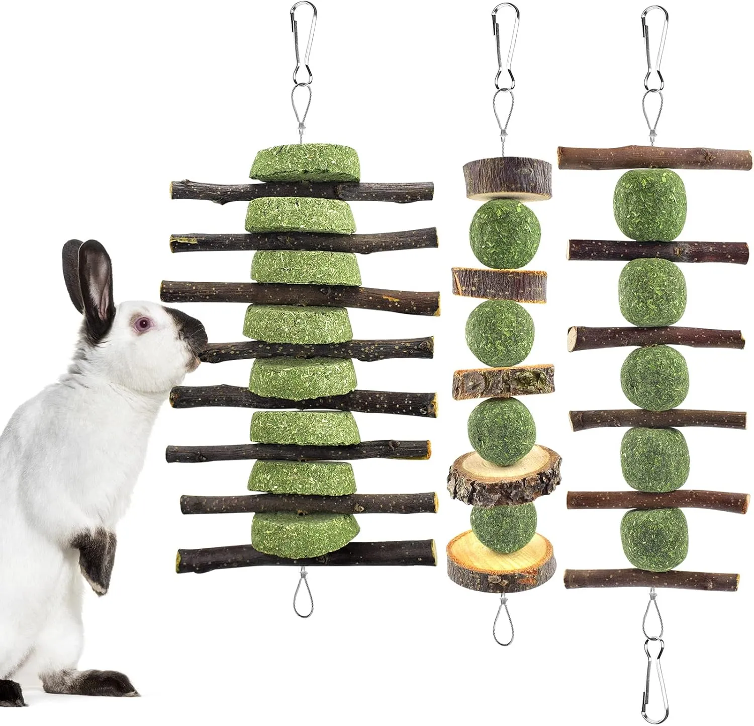 ERKOON Bunny Chew Toys, Rabbit Chew Toys for Teeth Grinding, Improve Dental Health, 100% Natural Apple Wood Timothy Grass Cake Treats for Rabbits Guinea Pigs Chinchillas Bunnies Hamsters (3 Pcs)