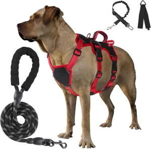 Escape Proof Soft Padded Full Body No Pull Dog Harness and Leash Set, Reflective Vest with Handle, Adjustable Six Point, Large Size (Black)
