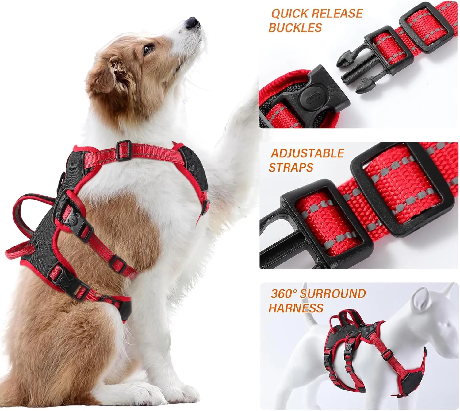 Escape Proof Soft Padded Full Body No Pull Dog Harness and Leash Set, Reflective Vest with Handle, Adjustable Six Point, Large Size (Black)