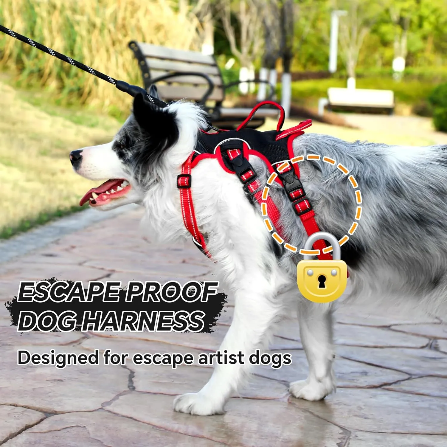 Escape Proof Soft Padded Full Body No Pull Dog Harness and Leash Set, Reflective Vest with Handle, Adjustable Six Point, Large Size (Black)