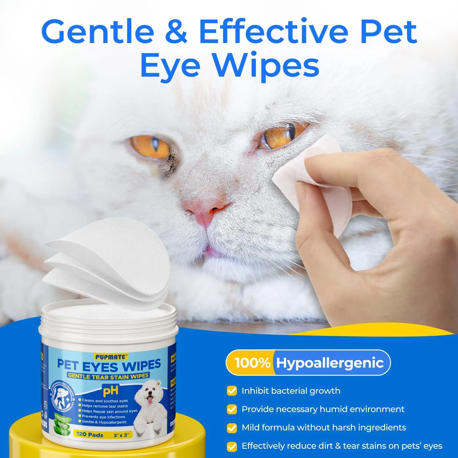 Eyes Wipes for Dogs & Cats | Face Tear Stain Remover | Gentle and pH Balanced | Aloe Pet Grooming Deodorizing Wipes for White Dogs Eye Debris, Discharge, Mucus, Crust 240pcs