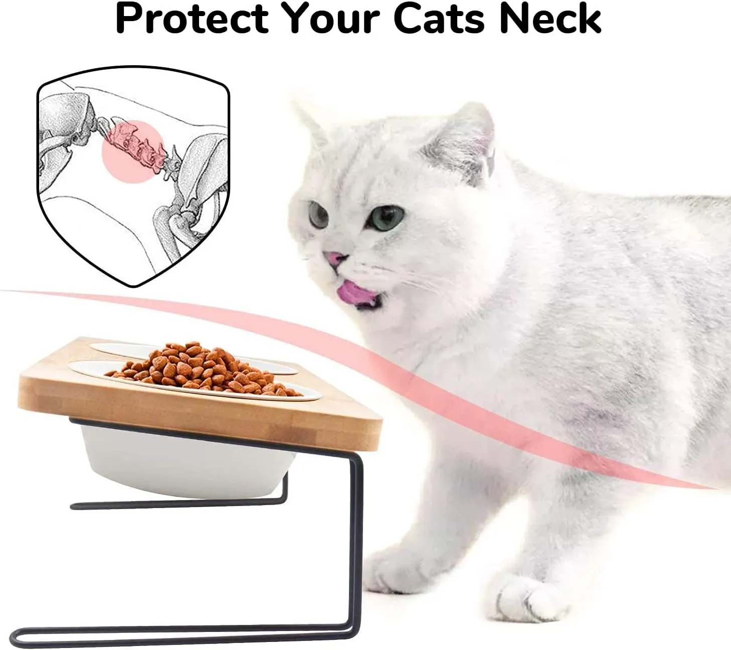FUKUMARU Elevated Cat Ceramic Bowls, Small Dog 15 Tilted Raised Food Feeding Dishes, Solid Bamboo Water Stand Feeder Set for Cats and Puppy