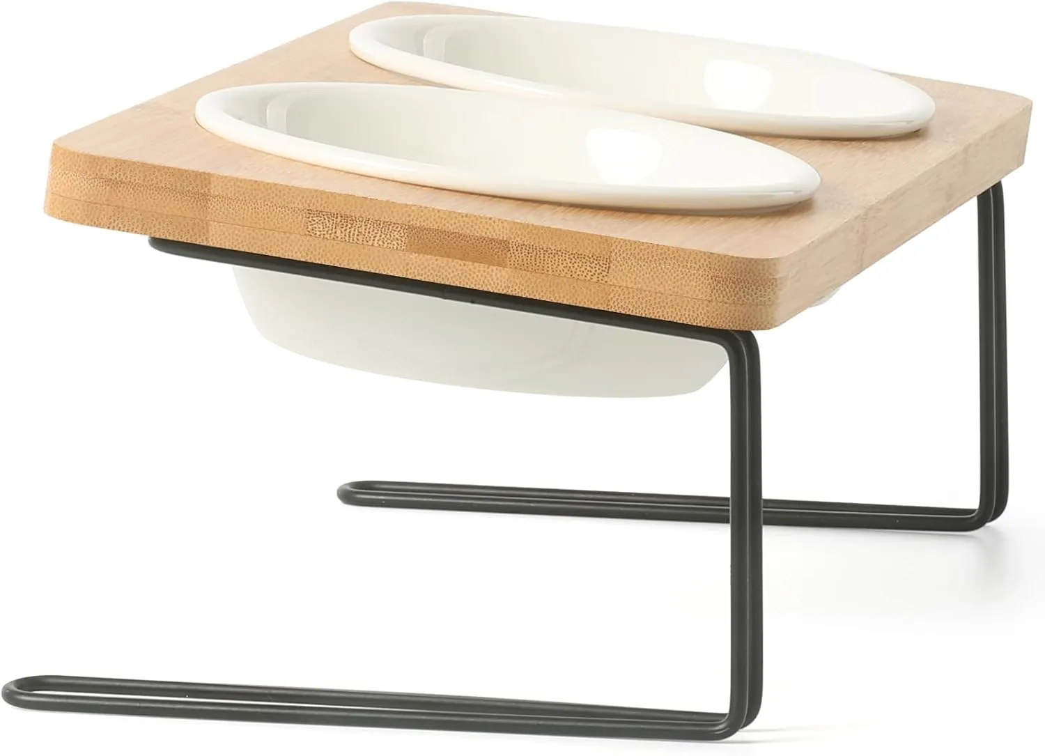 FUKUMARU Elevated Cat Ceramic Bowls, Small Dog 15 Tilted Raised Food Feeding Dishes, Solid Bamboo Water Stand Feeder Set for Cats and Puppy