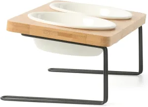 FUKUMARU Elevated Cat Ceramic Bowls, Small Dog 15 Tilted Raised Food Feeding Dishes, Solid Bamboo Water Stand Feeder Set for Cats and Puppy