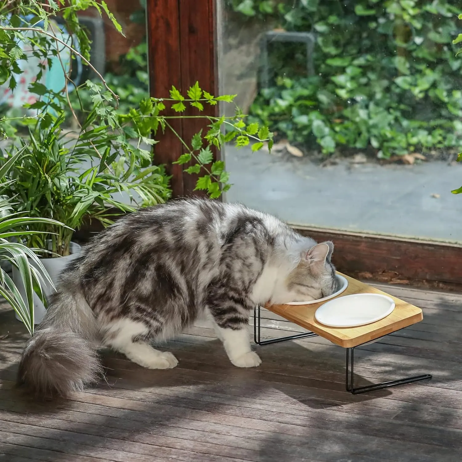 FUKUMARU Elevated Cat Ceramic Bowls, Small Dog 15 Tilted Raised Food Feeding Dishes, Solid Bamboo Water Stand Feeder Set for Cats and Puppy