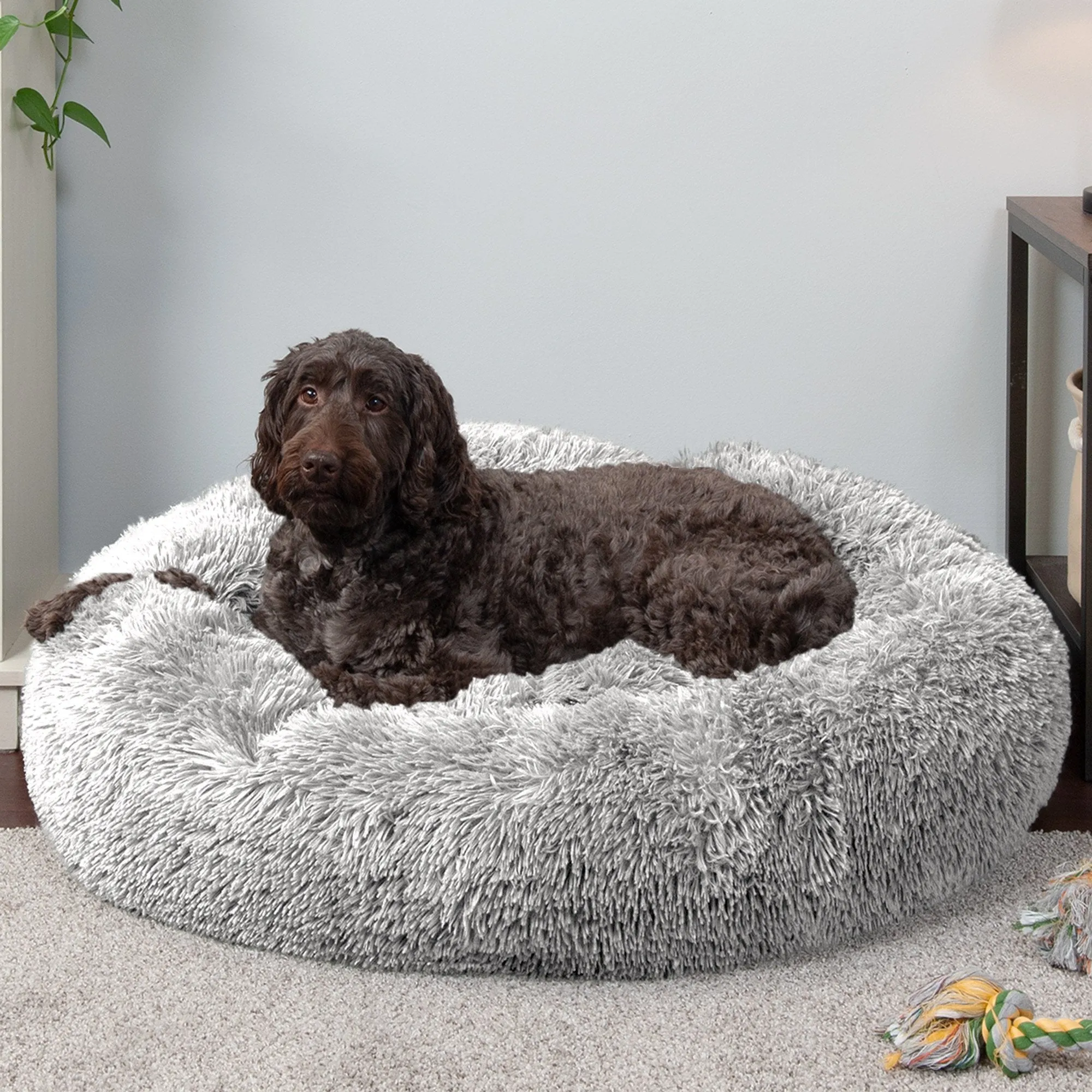 FurHaven Calming Cuddler Long Fur Donut Bed - Large 36", Mist Gray